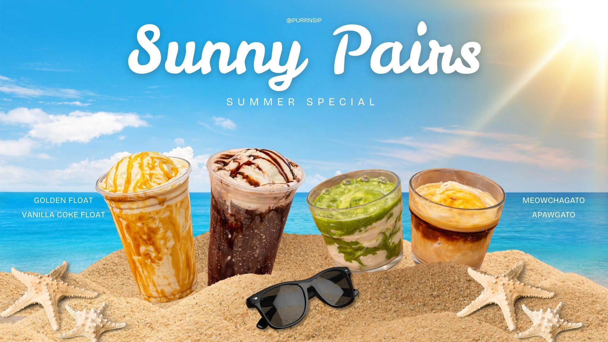 Sunny Pairs summer special poster: four cold dessert drinks in beach sand against a turquoise ocean — a Golden Float vanilla Coke float with caramel drizzle, a cola float with chocolate syrup, a marbled green Meowchagato matcha float, and an Apawgato espresso over vanilla ice cream, with sunglasses, starfish and seashells in the sand